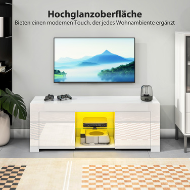 Телевізійна тумба HOMCOM з LED-підсвіткою, 2 дверцятами, скляною полицею, отворами для кабелів, для вітальні, виготовлена з ДСП, білого кольору.