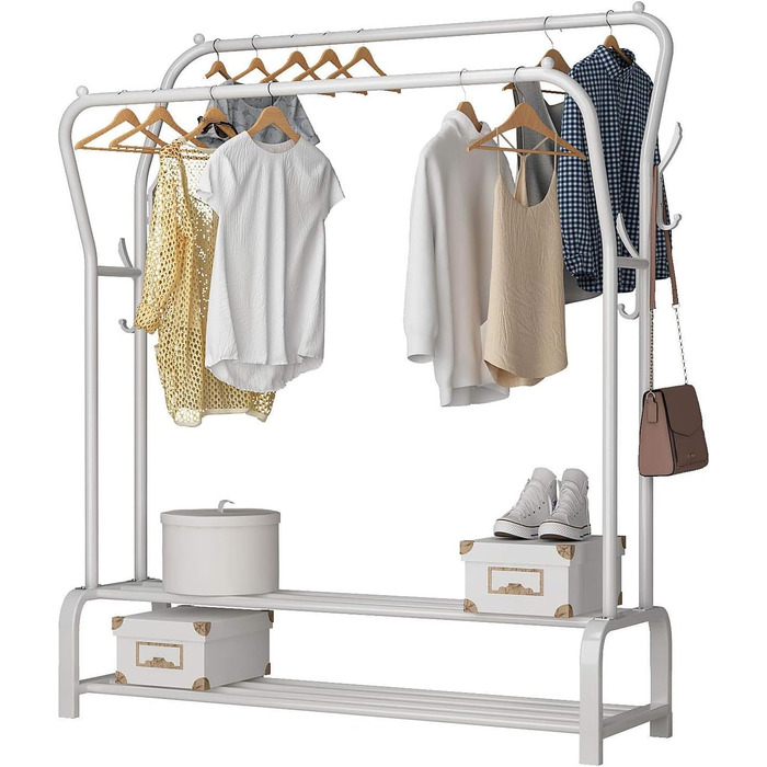 Стійка для одягу на підлозі з металу з полицею для взуття та нижньою полицею, для спальні. Металева стійка для одягу з подвійними вішалками (біла)