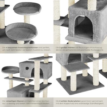 Дерево для котів tectake® велике, з аксесуарами, XXL, 4 будиночки для котів, ігровий комплекс з подряпальною колоною, з сизалю, сірий | 403920
