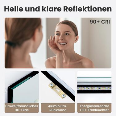 Дзеркало для ванної кімнати з підсвічуванням 70x50 см | LED дзеркало | IP54 вологостійке | Сенсорне керування | Настінне дзеркало | Горизонтальна/Вертикальна установка 6500K холодне біле світло (70x50cm-stil 2)