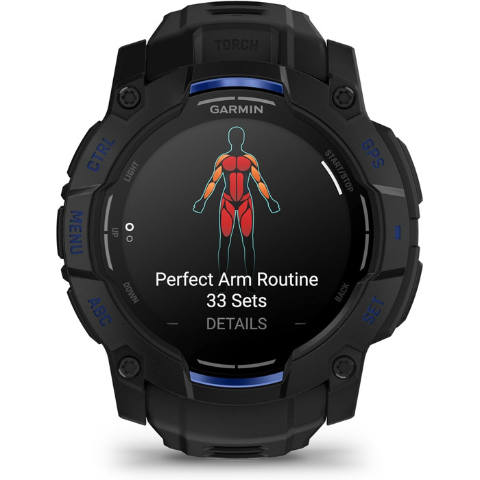 Розумний годинник Garmin Instinct 3 AMOLED: GPS, Multisport, 1.3' дисплей, до 24 днів роботи, 80+ спортивних функцій, здоров'я, LED ліхтарик (50мм, Чорний-Синій/Чорний)