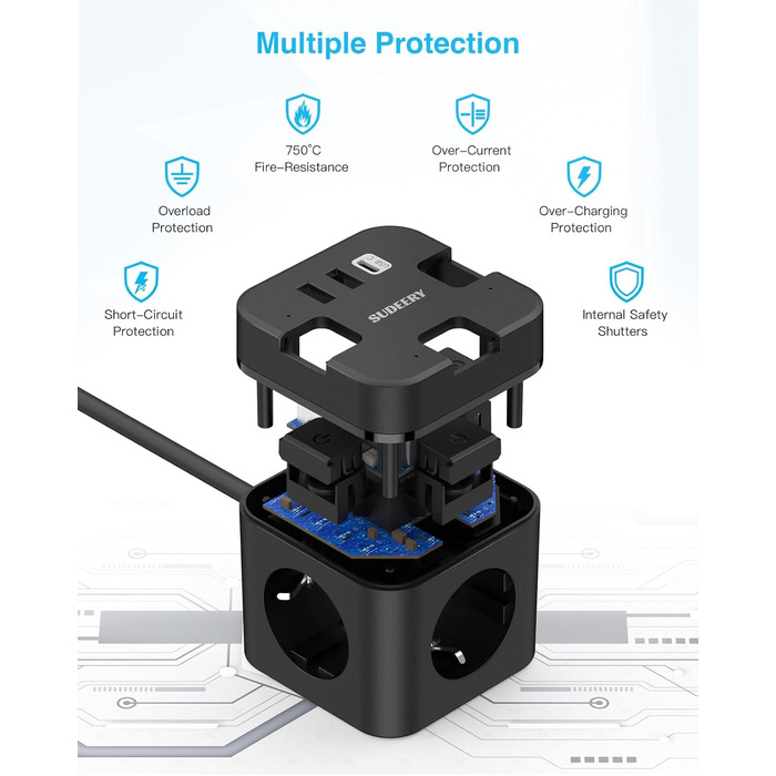Багатофункціональний USB-розподільник 6 в 1 з USB-C, 3 розетки, індивідуальне вмикання, куб, кабель, для офісу, дому, подорожей (4M, чорний)
