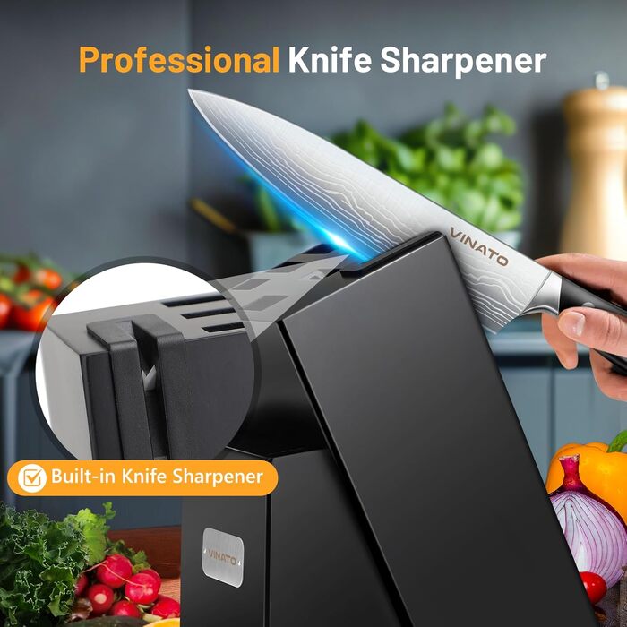 VINATO 14-Piece Knife Block Set with Sharpener - Damascus Pattern Kitchen Knife Set - Professional Chef's Knife Set, Black