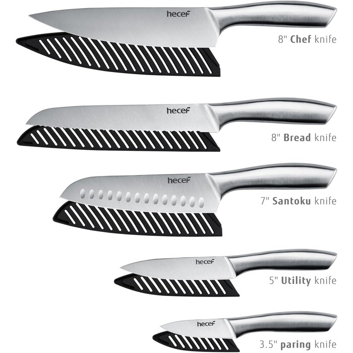 Набір кухонних ножів Hecef 5 предметів: ніж шеф-кухаря, ніж для м'яса, універсальний ніж, овочечистка, ніж для хліба. З нержавіючої сталі, професійний набір.