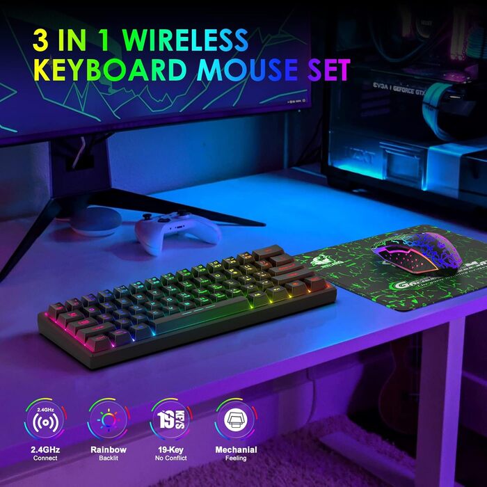 Kabellos Gaming Tastatur und Maus Combo Set: Бездротова ігрова клавіатура та миша, 2.4 GHz, 3800 mAh, тиха, 61 клавіша, компактна, Rainbow LED підсвічування, 2400 DPI, 6 кнопок, чорний