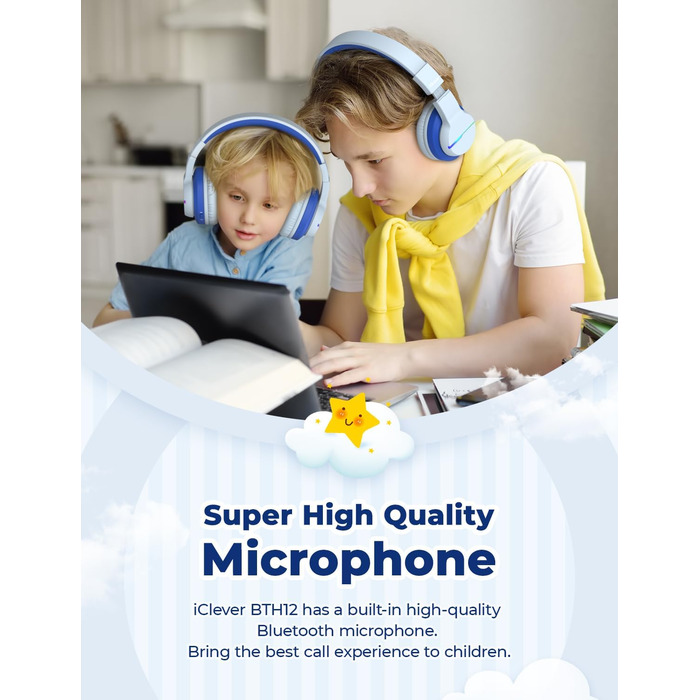 iClever Бездротові навушники для дітей з LED-підсвіткою, Bluetooth 5.2, мікрофон, BTH12 (градієнт синього)