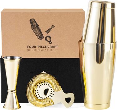 Boston Shaker Set - 4-Piece Cocktail Shaker Kit with 18/28 oz Boston Shaker Stainless Steel, Strainer, and Jigger, in a Stylish Gift Box - Ideal for Home Bar Use. (Gold)