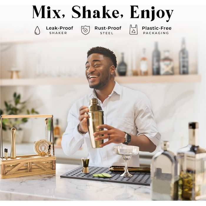 Набір бармена для приготування коктейлів, 12 предметів: шейкер, інструменти, підставка, рецепти. Преміум якість, подарунковий набір для дому (Золотий, 680 мл)