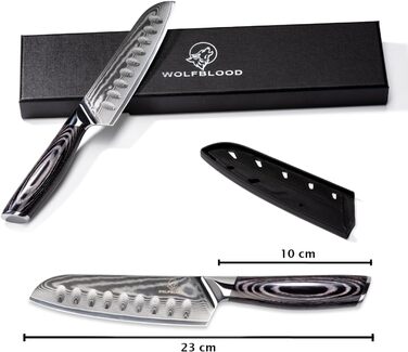 Ніж Wolfblood PRO Damast Santoku (23 см) з дамаської сталі 67 шарів - професійний кухонний ніж з дерев'яною ручкою, подарункова коробка та захист леза