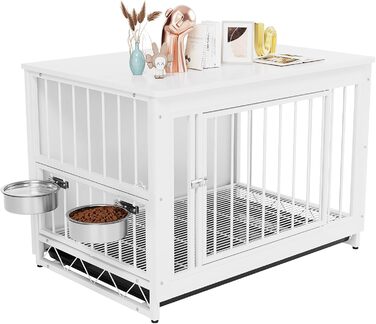 Клітка для собак для дому, дерев'яна собача будка 93x64x58 см, біла. Знімний піддон, 2 годівниці, двері. Для собак середніх та маленьких порід до 40 кг