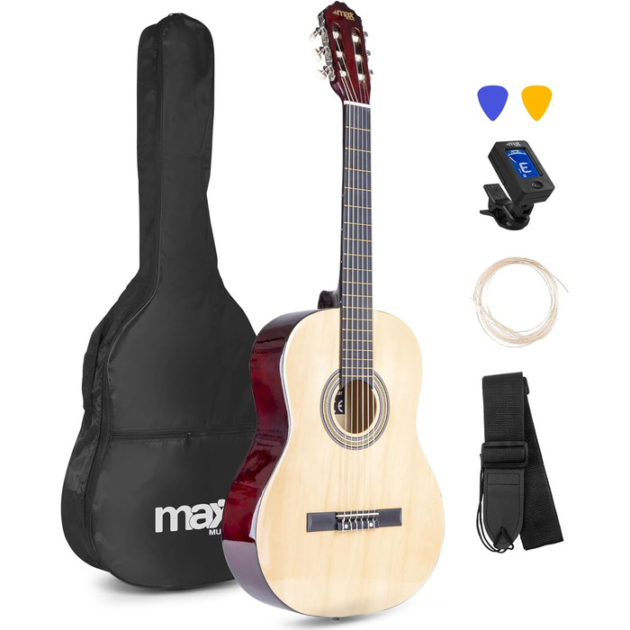 MAX SoloArt Акустична гітара 4/4 для початківців - Комплект з чохлом, тюнером, медіатором, ременем та аксесуарами