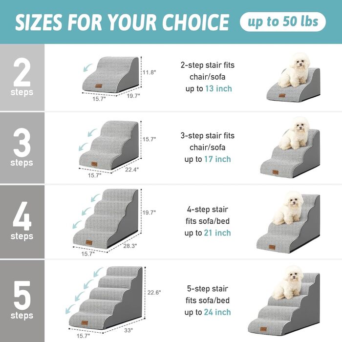 Dog Stairs for Small Dogs 50cm, Pet Stairs for Bed made of High-Density Sponge, Dog Stairs Dog Ramp with Washable Cover and Non-Slip Bottom, 40x72x50cm, 4 Steps, (White/Black, 4 Steps (40x72x50cm))