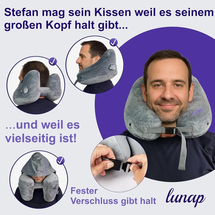 Подушка для шиї Luna Reisekissen: Memory Foam, дихаюча, для подорожей (літак, авто) | Сіра подушка для шиї | Подушка для подорожей | Подушка для шиї для дорослих