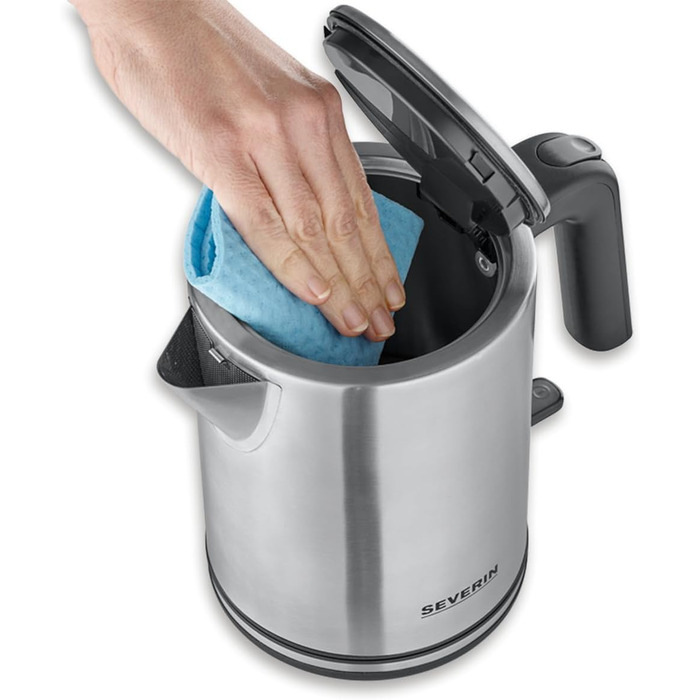 Електричний чайник SEVERIN 1 л з індикатором рівня води, фільтром від накипу, великим соплам, потужністю 2400 Вт, срільно-чорний колір, нержавіюча сталь, WK 3489