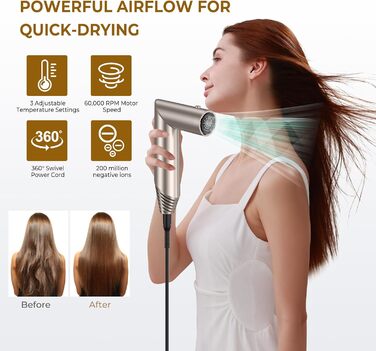 UKLISS 6-в-1 Airstyler: Фен-щітка, локони, укладка, іонізація 60 000 U/min, золотий