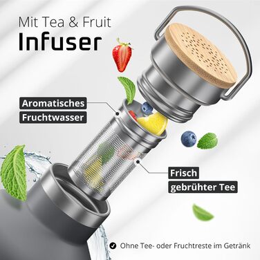 Фляга для води з нержавіючої сталі з трубочкою та інфузером, 3 кришки: BPA-free, не протікає, підходить для газованої води - спортивна фляга, термофляга, ізотермічна фляга, дитяча фляга для чаю (950 мл, Cool Grey Bamboo)