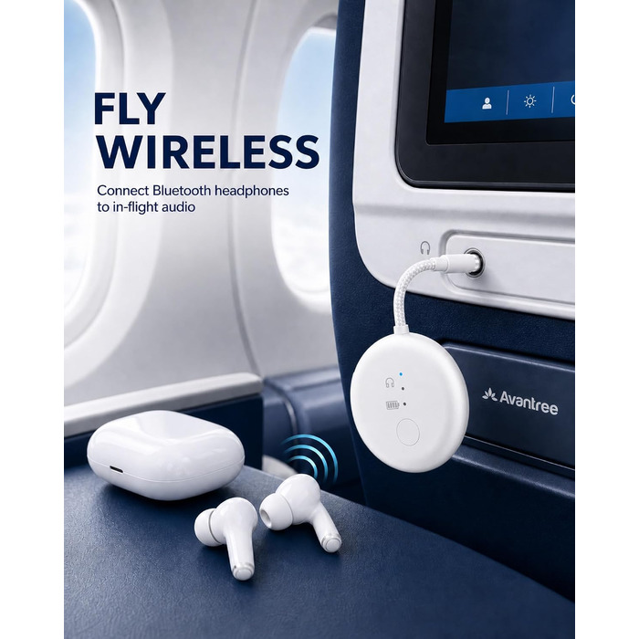 Bluetooth-адаптер для літака Avantree SoundJet R1 для AirPods та бездротових навушників, білий, 25 годин роботи