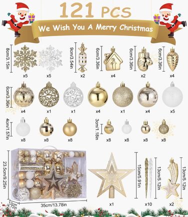121 шт. прикрас для ялинки золотого та білого кольору, набір, пластик, зірка на верхівку, декор для ялинки, Новий рік, свята