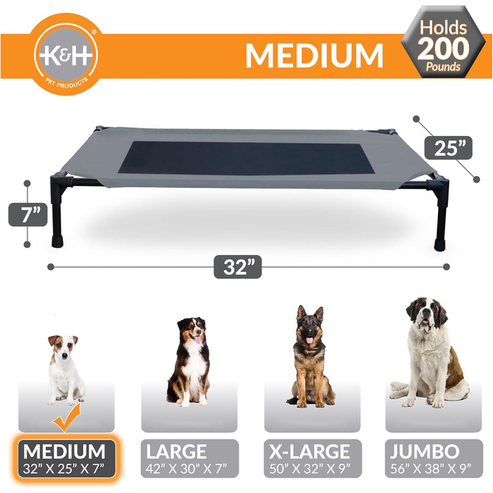 K&H Pet Products Elevated Outdoor Dog Bed, Breathable, Cooling, Elevated Cot Bed, Hammock for Large Dogs, Washable Mesh Cover, Elevated Metal Frame, Foldable, (L 81 x W 64 x H 18 cm)
