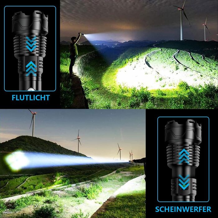 Ліхтарик Glarylight LED акумуляторний, 500000 люмен, надяскравий, зум, 5 режимів світла, водонепроникний IPX7, для вулиці та екстрених ситуацій