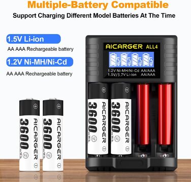 Зарядний пристрій для акумуляторів AA/AAA AICARGER з LCD дисплеєм, 4 слоти, 5V/2A, USB-C, 4 x AA 3600mAh в комплекті