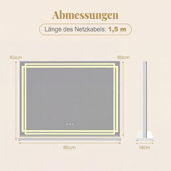 Дзеркало для макіяжу COSTWAY з підсвіткою, 3 режими світла, 5-кратне збільшення, сенсорне керування, поворотне на 360°, Голлівудське дзеркало (80 x 14 x 62 см)