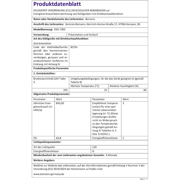 Холодильник для напоїв Bomann® KSG 7289 з скляними дверцятами, 245 л, 5 полиць, автоматична розморожування, регулювання температури, білий (Модель 2024)