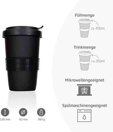 Mahlwerck Coffee-to-go Mug, Porcelain Coffee-to-go Cup with Leak-proof Lid, Design, Grey, 400ml (1 Piece (1-Pack), Black)