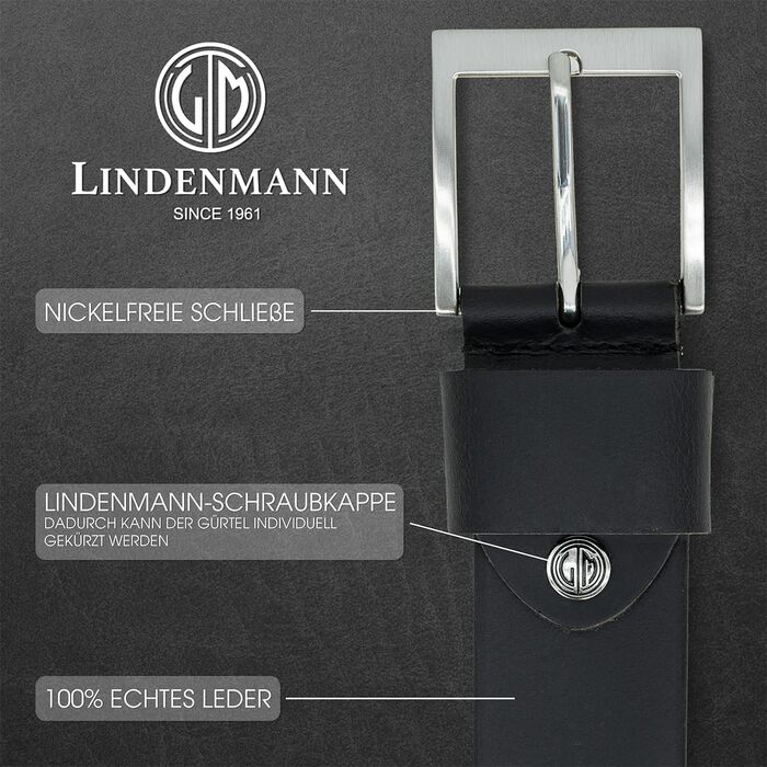 Чоловічий шкіряний ремінь LINDENMANN 40мм, чорний, натуральна шкіра, довжина 110 см (пояс 95 см)