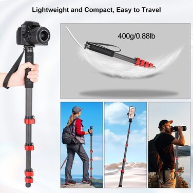 Монопод Koolehaoda MP-285EC для камери: карбонове одноноге штатив, 166 см, 6 секцій, вантажопідйомність 10 кг