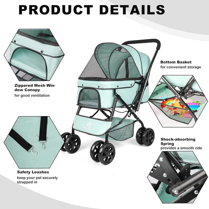 Візок для собак Wedyvko до 20 кг, 4 колеса, складаний, для маленьких та середніх собак та котів, з кошиком для зберігання та тримачем для напоїв (зелений)