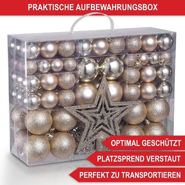 Набір прикрас на ялинку 128 шт. – верхівка, 127 кульок, упаковка, декор для дому та вулиці з пластику, 5 карток (шампань)