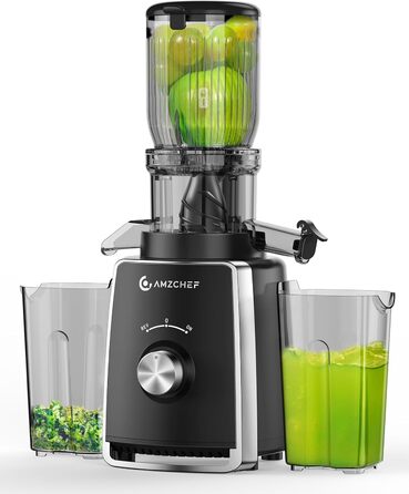AMZCHEF Електричний соковитискач Slow Juicer 103 мм - потужність 250W, для овочів та фруктів, з 2 фільтрами, тихий двигун, функція реверсу, чорний