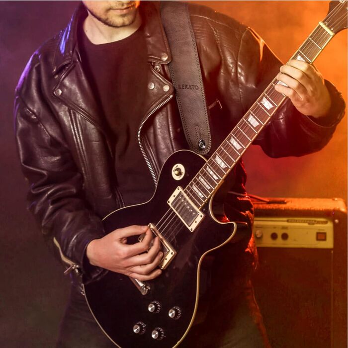 Шкіряний ремінь для гітари Lekato з товстою амортизуючою подушкою, універсальний для бас, електро-, акустичної та класичної гітари, регульований, довжина 41-51 см (колір коричневий)