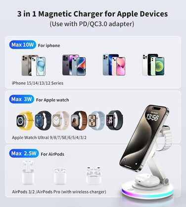 Бездротова зарядка MagSafe 3-в-1: зарядний стан для Apple Watch, iPhone 16/15/14 з нічним світлом, поворотний