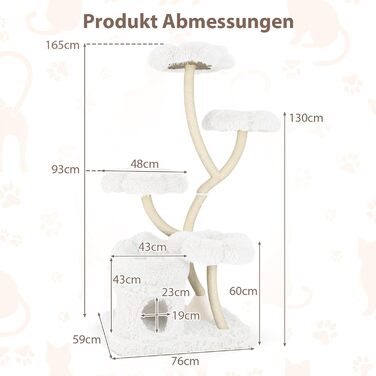 Дерев'яний кігтеточка для котів COSTWAY 165 см з 4 лежаками, гніздом та сизалевими стовпами. Міцний кігтеточка-вежа для котів з металевим каркасом. Меблі для котів з гніздом.