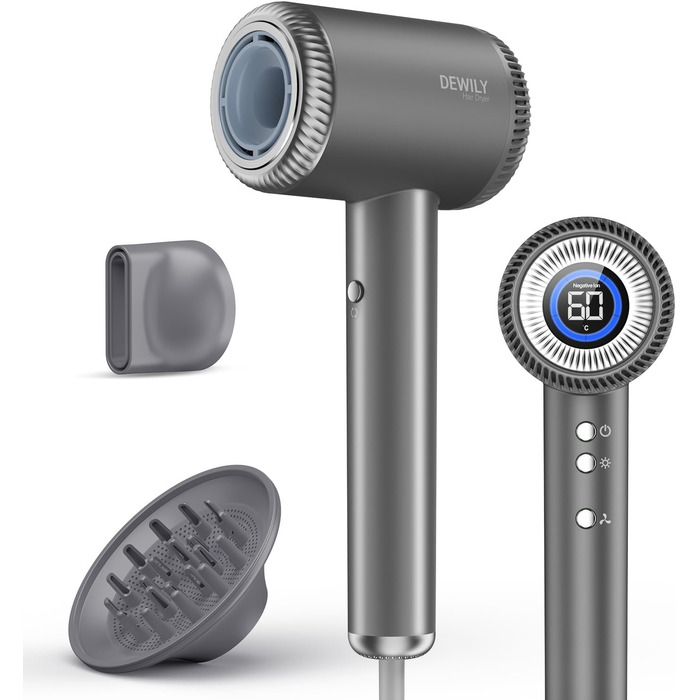Іонізатор для волосся DEWILY, фен з магнітним дифузором, 110,000 RPM безщітковий мотор, швидке сушіння, подорожний фен, 300 мільйонів негативних іонів, сірий (з 2 насадками) Classic Grey