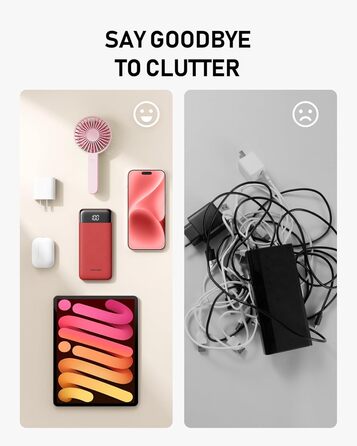 Powerbank Charmast 10000mAh з вбудованими кабелями, 6 виходів, 3 входи, USB-C, для iPhone, iPad, Samsung, червоний