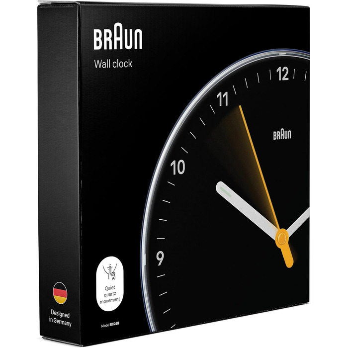 Braun Classic Analog Wall Clock with Silent Quartz Movement, Easy to Read, 23 cm Diameter in Black, Model BC26B.