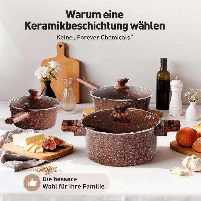 Набір каструль Kitchen Academy з антипригарним покриттям для індукційних плит зі скляними кришками, коричневий, 10 предметів