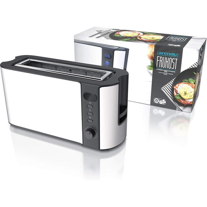 Тостер Arendo з 2 слотами, білий матовий, 1000W, з підігрівом для булок, 6 рівнів підсмажування, дисплей, функція розморожування, нержавіюча сталь