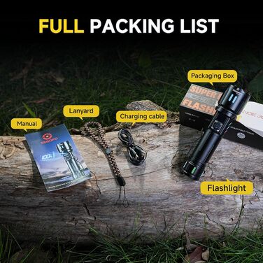 LED ліхтар Esgofo 500000 люменів, перезарядна, екстремально яскрава, 15 годин роботи, USB-C, дальність 1000м, регульований фокус та режими світла, для активного відпочинку та безпеки