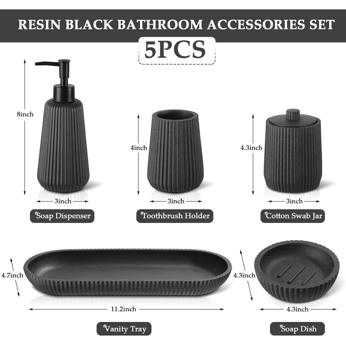 Набір аксесуарів для ванної кімнати KASUNTING, чорний, 5 предметів, штучний камінь