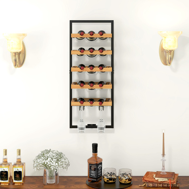 HOMCOM Wall-Mounted Wine Rack with 5 Tiers, Stackable Wine Bottle Holder, Wine Stand for 15 Bottles and 4 Glasses, Pine Wood, Steel, for Kitchen, Dining Room, Bar, Brown | Aosom