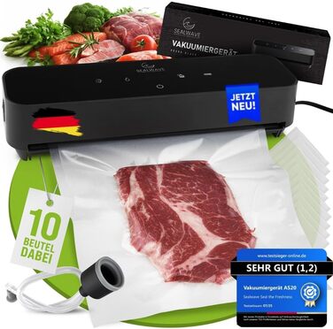 Вакуумний пакувальник SEALWAVE для продуктів харчування: потужний, широкий зварювальний шов, тихий та ефективний, універсальний (для вологих та сухих продуктів), легке очищення, з 10 безкоштовними пакетами