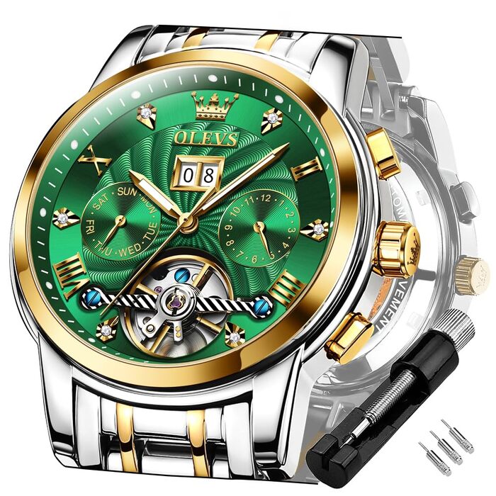 Чоловічий скелетон-годинник OLEVS 9910: кварцовий спортивний годинник з водовідштовхувальним корпусом, сталевий браслет (золото-срібло) та зелений циферблат