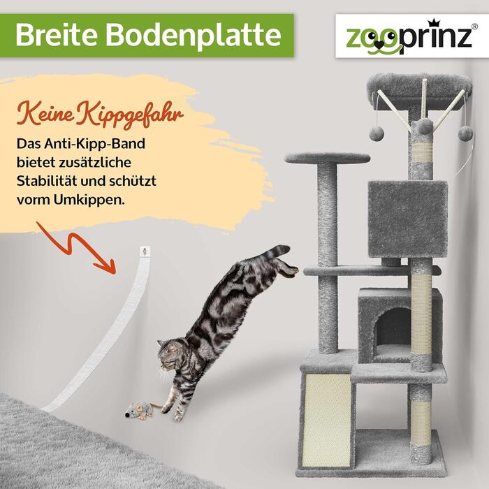 Преміум кігтеточка Zooprinz – велика XXL кігтеточка для котів, з товстими сизалевими стовпами, будиночком, гамаком, м'ячиками та мотузкою. З іграшкою-мишкою. Когтеточка (світло-сіра)