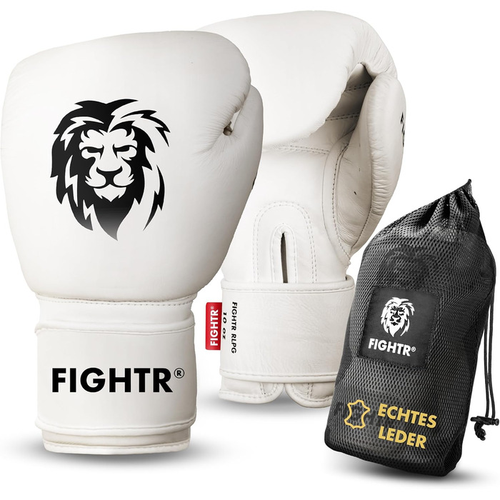 Боксерські рукавички FIGHTR® Pro з натуральної шкіри | для чоловіків та жінок | бокс, ММА, муай-тай, кікбоксинг, бойові мистецтва | 10, 12, 14 | з сумкою (12 oz, Off White)