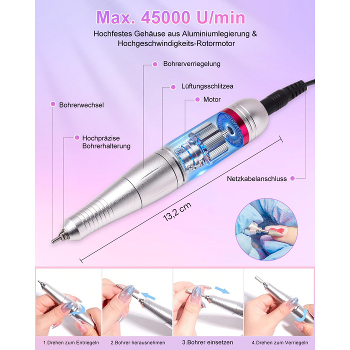 Електричний фрезер для нігтів CozyZen Professional: набір для манікюру та педикюру з LCD-дисплеєм, 45000 об/хв, для акрилу та гелю