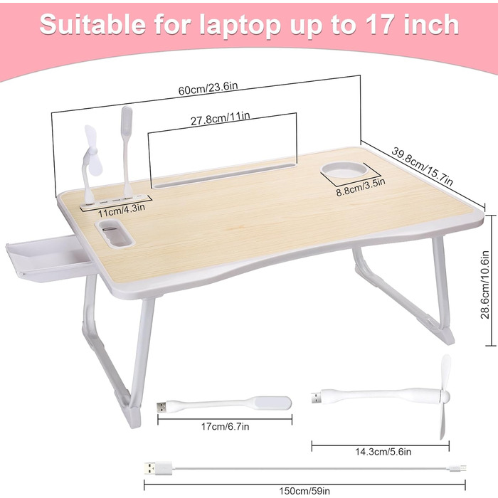 Складаний столик для ноутбука з USB-портом, білий аhorn – для їжі, читання та роботи в ліжку
